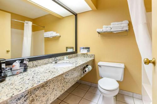 梅森城梅森城旅馆及套房品质酒店的一间带卫生间、水槽和镜子的浴室