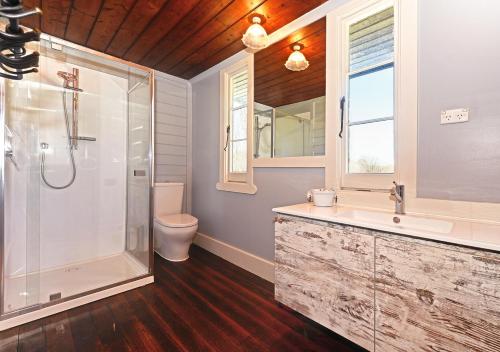 South BrunyVentnor Guest House的带淋浴、盥洗盆和卫生间的浴室