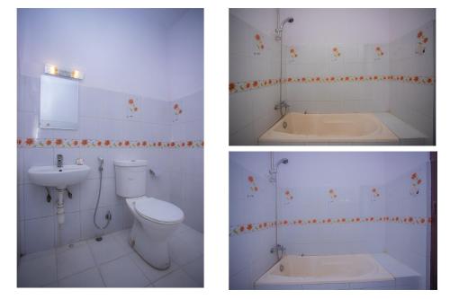 加德满都135迷失花园公寓OYO房山林小屋的浴室的两张照片,配有卫生间和水槽