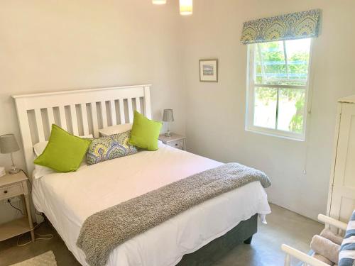 埃尔金Paul Wallace Wines & Cottages的一间卧室配有一张带绿色枕头的床和一扇窗户