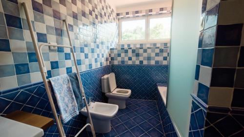 波亚里什新镇Quinta dos Lameiros的蓝色瓷砖浴室设有卫生间和水槽