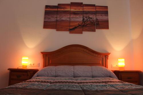 安波拉Alojamiento rural Masía Valldepérez的一间卧室配有一张带两盏灯的床,墙上挂有一幅画