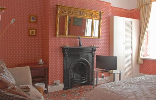 道格拉斯Ashfield Guesthouse的客厅设有壁炉和电视。