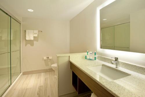奥斯汀Holiday Inn Express Hotel & Suites Austin Downtown - University, an IHG Hotel的一间带水槽、卫生间和镜子的浴室