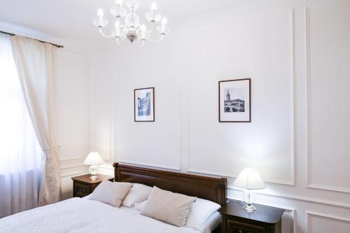布拉格白灰公寓的一间卧室配有一张带2个床头柜和2盏灯的床。