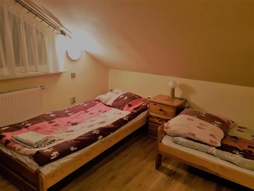 OkonekGospodarstwo Agroturystyczne Anielin的一间卧室配有两张床和梳妆台。