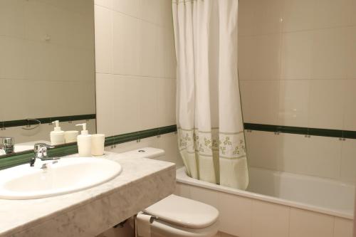 帕尔斯Apart. Port Pals 302的浴室配有盥洗盆、卫生间和浴缸。