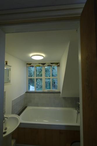 EardisleyChestnut Cottage的带浴缸、水槽和窗户的浴室
