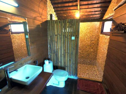 邦隆Molyka Lodge的一间带水槽、淋浴和卫生间的浴室