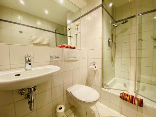 黑灵斯多夫Villa Seepark - Ferienwohnung 9的浴室配有卫生间、盥洗盆和淋浴。