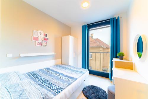卢布尔雅那Apartment Monochrome Urban Hoodie的一间卧室设有一张床和一个大窗户