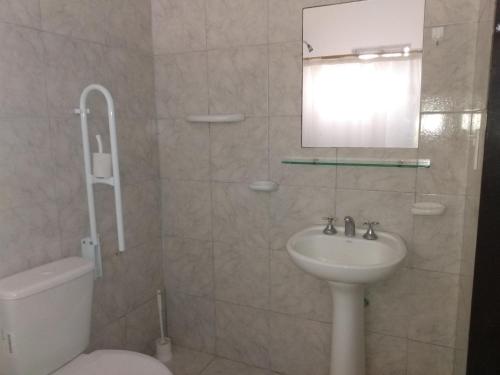 圣罗莎La Nueva Estancia的一间带水槽、卫生间和镜子的浴室