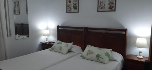 桑托尼亚Pensión CASA LEÓN的一间卧室配有两张带白色床单和枕头的床。