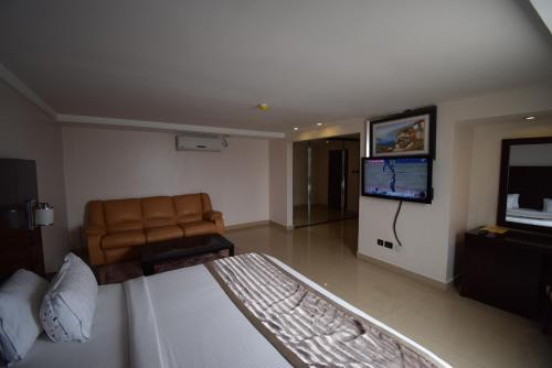 库马西Noble House Hotel的带沙发和平面电视的客厅