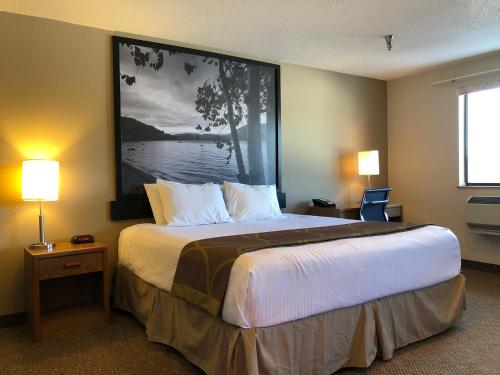 萨蒙阿姆萨尔蒙阿姆速8酒店的一间卧室配有一张大床,墙上挂着一幅大画