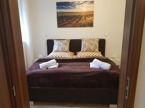 米库洛夫Apartmán Rezidence Mikulov的一间卧室配有一张带紫色床单和枕头的床。