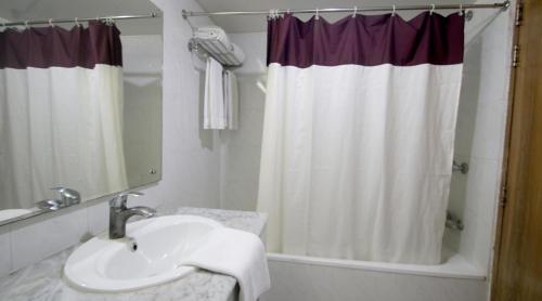 达卡Hotel Victory - Best in City Center的一间带水槽和淋浴帘的浴室
