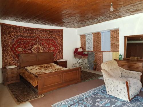 梅斯蒂亚Rustic Inn "Koba's Sakhli"的一间卧室配有一张床和一把椅子