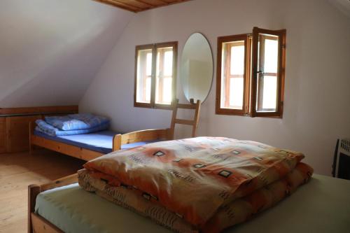 阿德尔什帕赫Privat No. 2的卧室配有床、镜子和窗户。