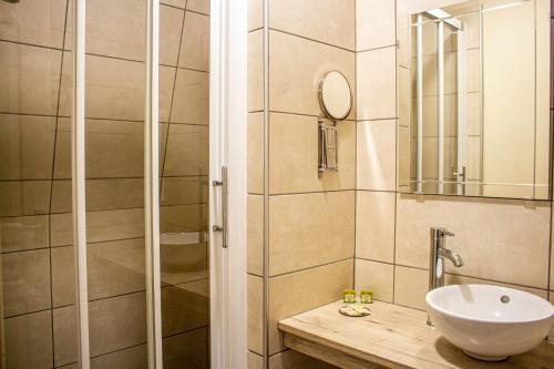 索姆河畔的圣瓦列里杜伯特德斯贝恩酒店的一间带水槽和淋浴的浴室