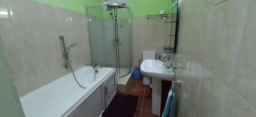 路易港Casa Accacias的带淋浴、盥洗盆和浴缸的浴室