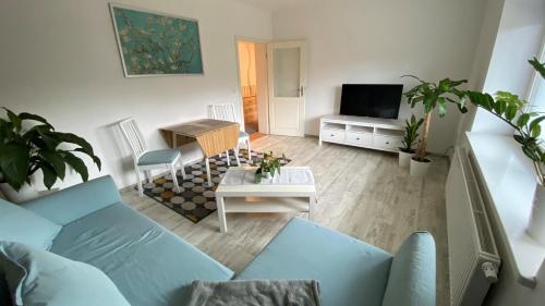 LübbenowAlte Brennerei的客厅配有蓝色的沙发和电视
