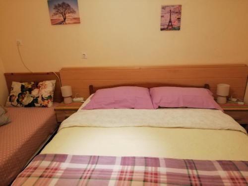 布罗达里卡Apartman Lara的卧室内的一张床位,配有两个枕头