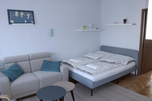塞格德Petofi Apartman的客厅配有床和沙发