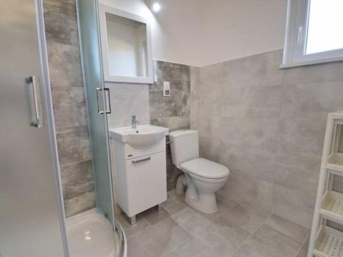 梅尔诺Morskie domki Mielno的浴室配有卫生间、盥洗盆和淋浴。