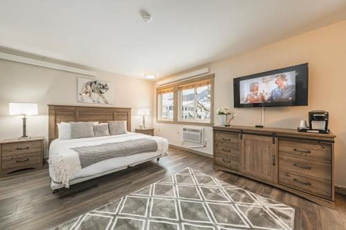 杰克逊米勒公园旅舍的卧室配有一张床,墙上配有电视。