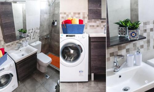 尼亚普拉莫斯Sea Breeze Vibes的带洗衣机和水槽的浴室的三幅图片
