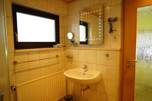 皮尔纳Pension Nr. 13 - B&B的一间带水槽和镜子的浴室以及窗户。