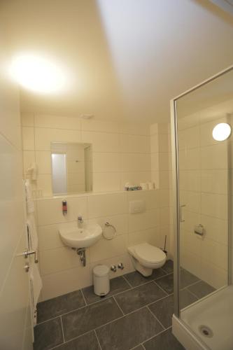 默费尔登-瓦尔多夫Galeria Airport Hotel的浴室配有卫生间、盥洗盆和淋浴。
