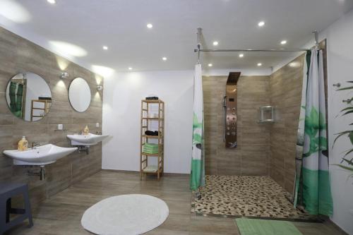 梅德巴赫Landhaus Schlossberg的一间带两个盥洗盆和淋浴的浴室