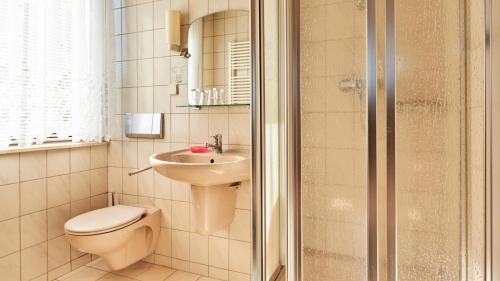 诺伊豪森Pension Grenzhof的浴室配有卫生间、盥洗盆和淋浴。