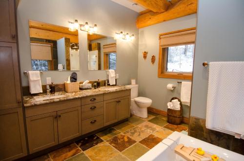 戈尔登Golden Acres Mountain Lodge的一间带水槽、卫生间和镜子的浴室