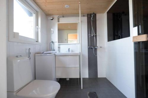 NuorgamAurora mökki porealtaalla Lapissa Tenojoen rannassa的浴室配有卫生间、盥洗盆和淋浴。