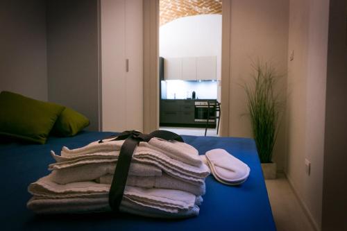 卡萨莱蒙费拉托Mameli Comfort的蓝色桌子上堆着的毛巾