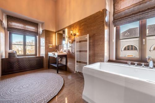 Oponice阿篷尼城堡酒店的带浴缸和窗户的大浴室