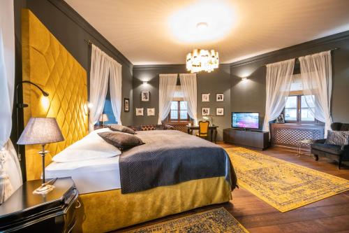 Oponice阿篷尼城堡酒店的一间卧室配有一张大床和一个吊灯。
