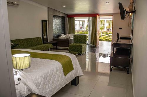 圣路易斯波托西Hotel María Dolores San Luis Potosí的酒店客房带一张床和一架钢琴