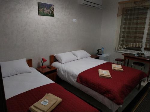 YavorivМотель "КАЛИНА"的两张位于酒店客房的床,配有毛巾