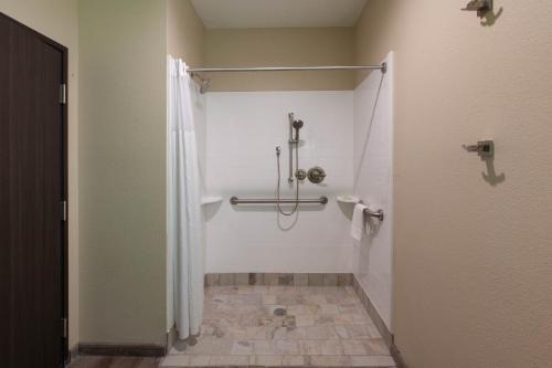奥德萨Hawthorn Suites By Wyndham Odessa的带淋浴和浴帘的浴室