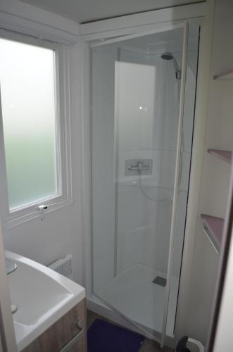 NesmyCamping La Venise Du Bocage的带淋浴和盥洗盆的白色浴室