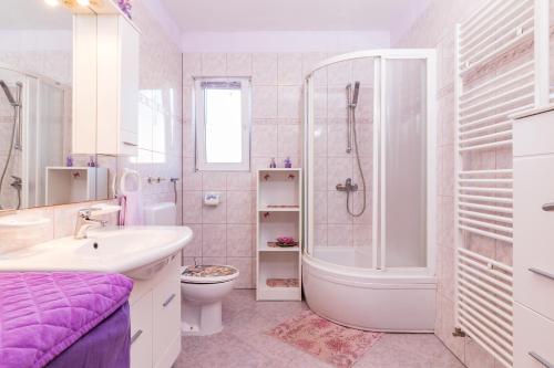 班约勒Appartamenti Valentina-no groups的浴室配有盥洗盆、卫生间和淋浴。