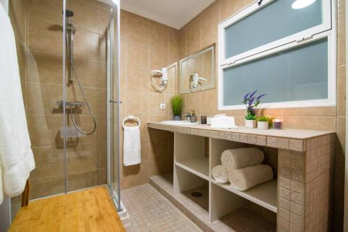 蓬塔德尔加达CASA XAVIER - PISCINA 2735/AL的带淋浴、水槽和玻璃淋浴间的浴室