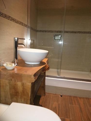 隆基迈LONQUIMAY LODGE的浴室配有水槽和带浴缸的淋浴