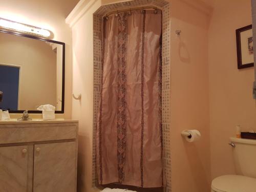 蓬塔戈尔达Beya Suites的带淋浴、水槽和卫生间的浴室