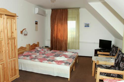 布达厄尔什奥林波斯旅馆的一间卧室配有一张床和一台电视。
