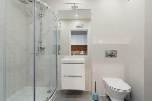 华沙Warsaw To Be - Silver Apartment的带淋浴、卫生间和盥洗盆的浴室